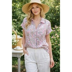 Cynthia Rowley Linen Bird Button Front Shirt Size L Novelty Whimsical Tropical